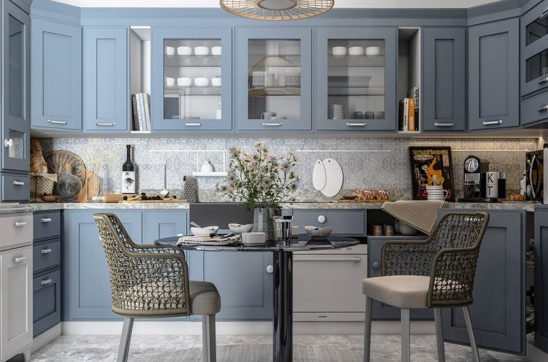 Màu xanh pastel đem đến vẻ đẹp yên bình cho không gian bếp