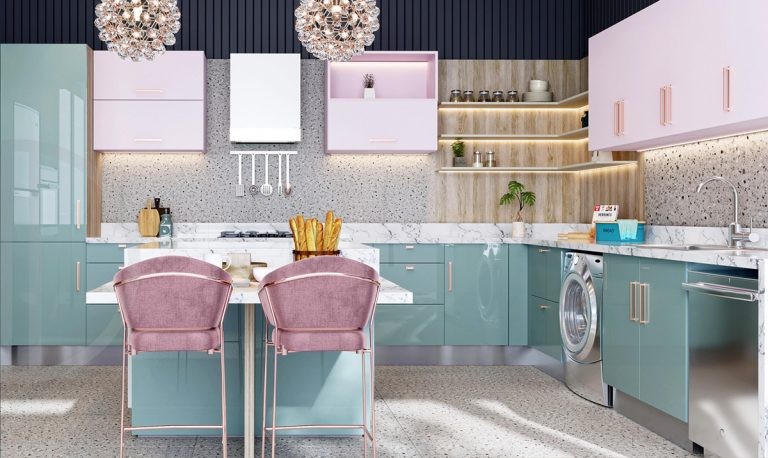 Thiết kế tủ bếp màu gỗ acrylic bóng gương màu xanh pastel