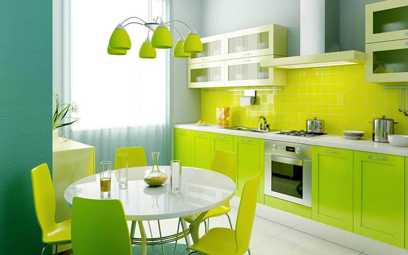 Tủ bếp màu xanh dạ quang rực rỡ một góc bếp