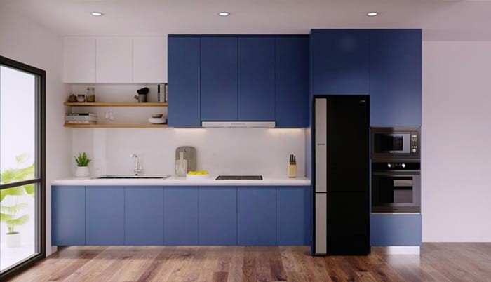Tủ bếp màu xanh coban chữ I với thiết kế đơn giản