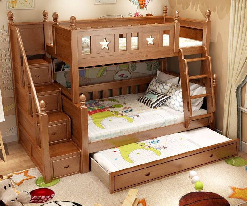Giường tầng gỗ sồi cho trẻ em thiết kế thông minh tiết kiệm không gian