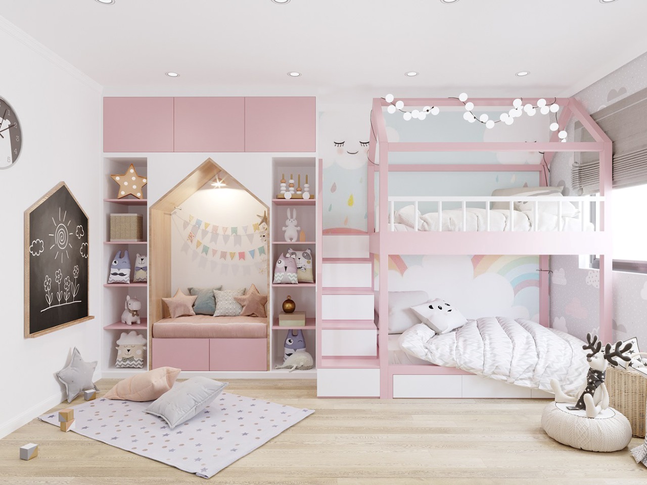 Giường tầng công chúa sơn 2 màu hồng trắng nhẹ trắng nâng cao tính thẩm mỹ cho că phòng