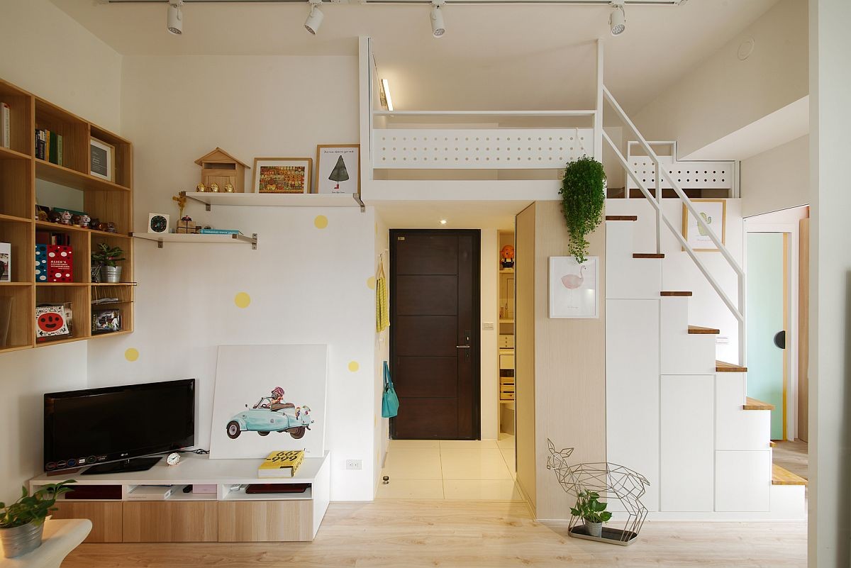 Thiết kế căn hộ mini màu trắng với diện tích 30m2 có gác lửng