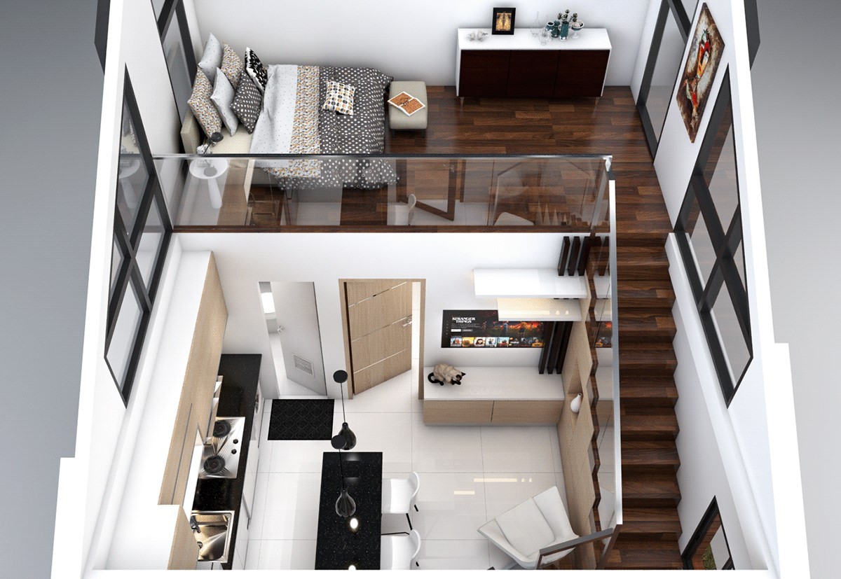 Bố trí mặt bằng căn hộ 30m2 có gác lửng với tầng trên làm phòng ngủ tiện nghi