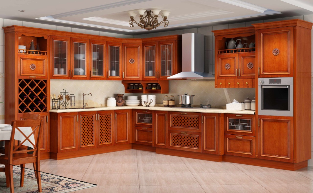 Tủ bếp gỗ gõ đỏ chữ L cho phòng bếp nhà phố có diện tích lớn