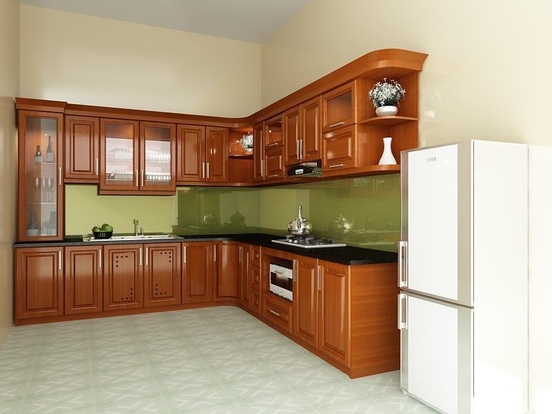 Mẫu tủ bếp gỗ gõ đỏ đẹp chữ L với nhiều ngăn tủ tiện nghi