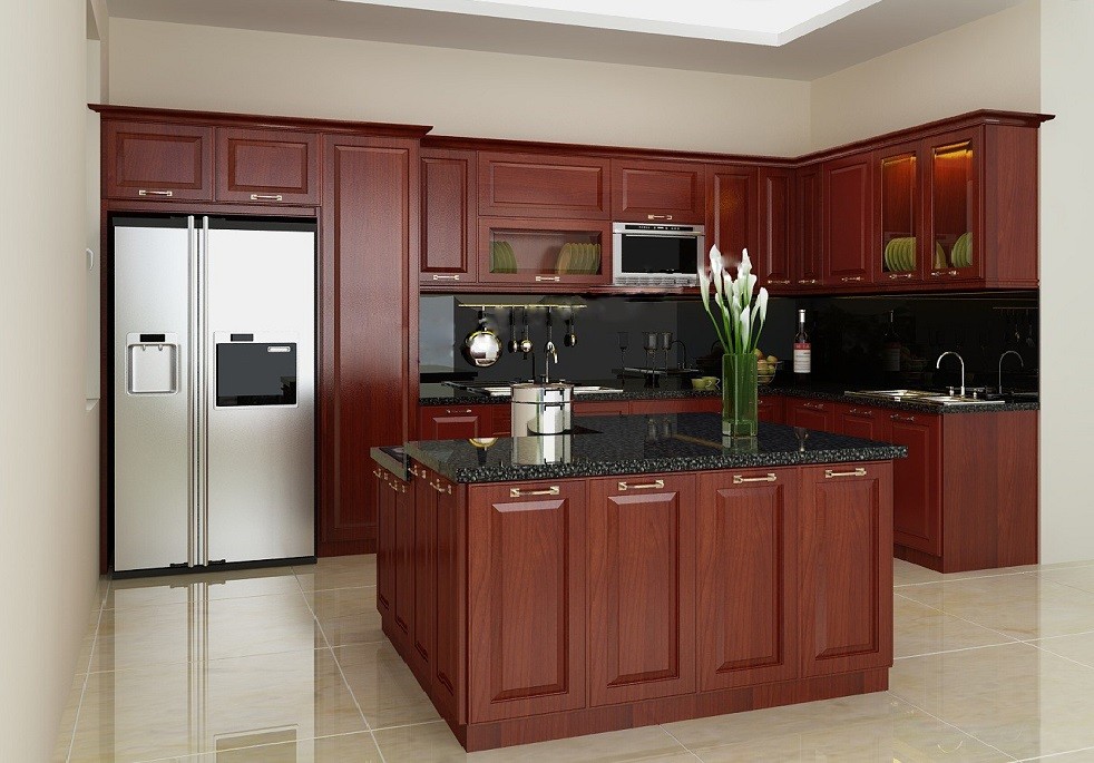 Không gian bếp đẳng cấp và sang trọng với tủ bếp gỗ gõ đỏ cao cấp