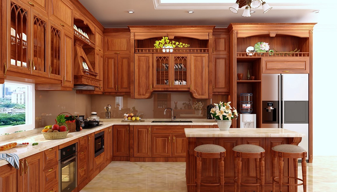 Tủ bếp gỗ gõ đỏ phong cách tân cổ điển  vô cùng sang trọng và tiện nghi