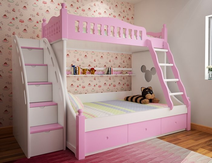 Mẫu 7: Giường tầng gỗ tự nhiên đẹp kiểu dáng hello kitty cho bé