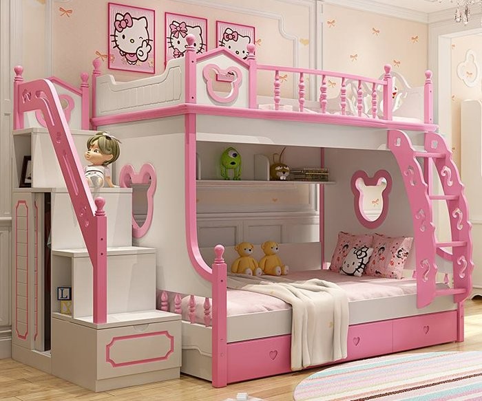 Mẫu 1: Thiết kế giường tầng hello kitty màu hồng xinh xắn cho các bé gái