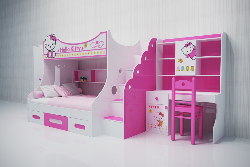 Mẫu 8: Giường tầng hello kitty kết hợp bàn học
