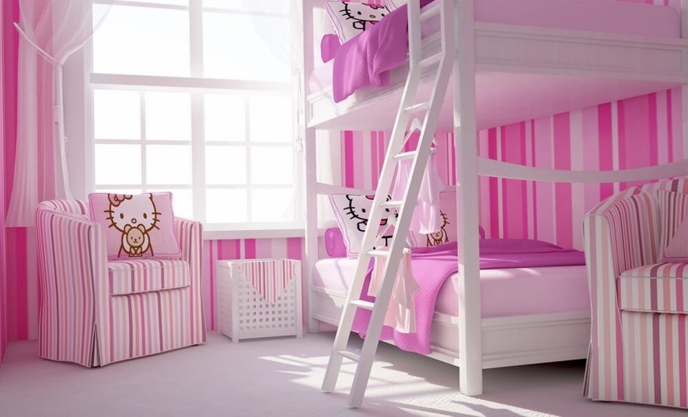 Mẫu 4: Giường tầng hello kitty từ gỗ tự kết hợp gam màu trắng nhẹ nhàng giúp căn phòng thêm xinh xắn, đáng yêu