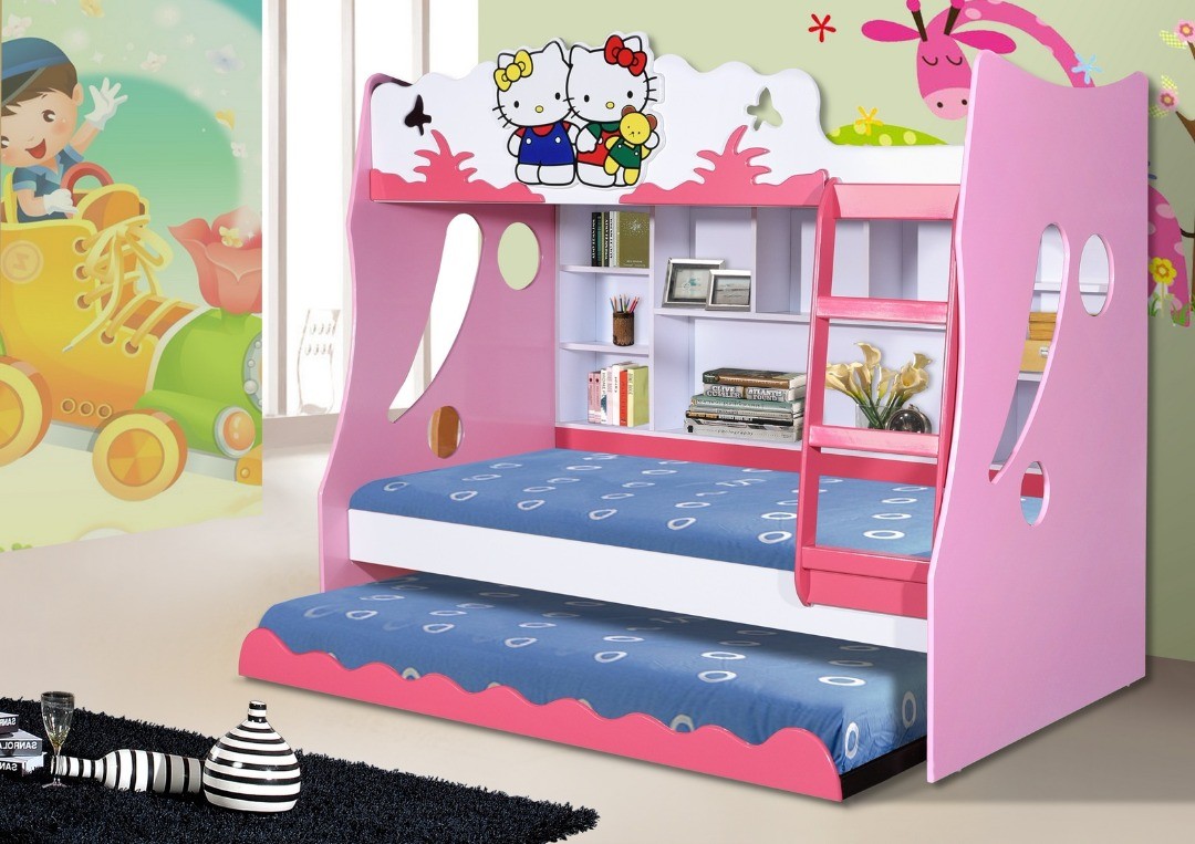 Mẫu giường tầng có hộc kéo phía dưới họa tiết hình mèo Hello Kitty