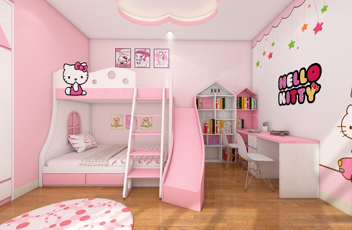 Mẫu 6: Mẫu giường ngủ hello kitty kết hợp cầu trượt đa năng
