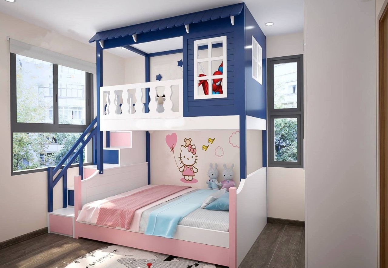 Mẫu 9: Giường tầng hello kitty kiểu dáng lâu đài nhỏ cho bé