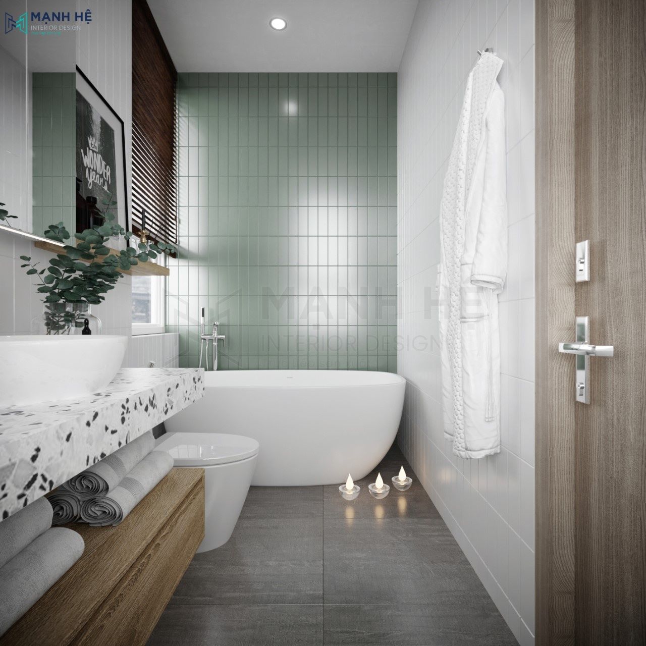 Phối màu xanh trắng cho nhà vệ sinh đồng bộ với phòng ngủ
