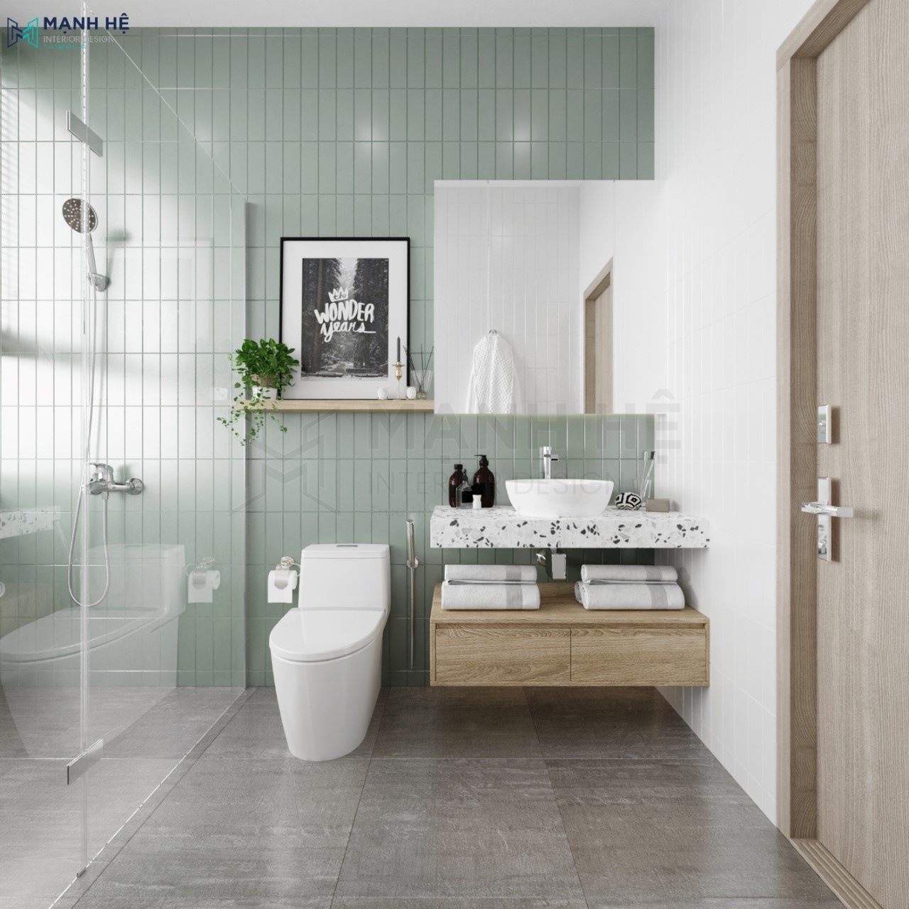 thiết kế toilet chung tại phòng khách bếp