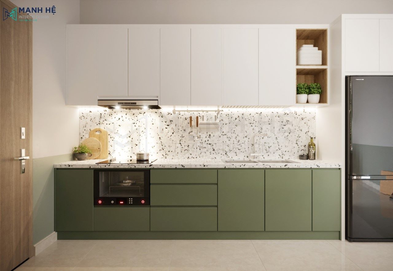 Kiểu tủ bếp chữ i màu trắng xanh lạ mắt
