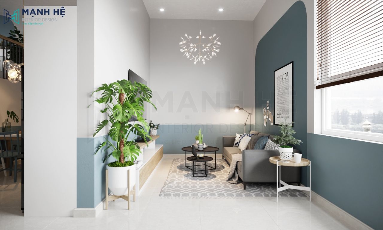 Mẫu phòng khách nhỏ 10m2 tông màu trắng - xanh biển trẻ trung, mang lại cảm giác tươi mát