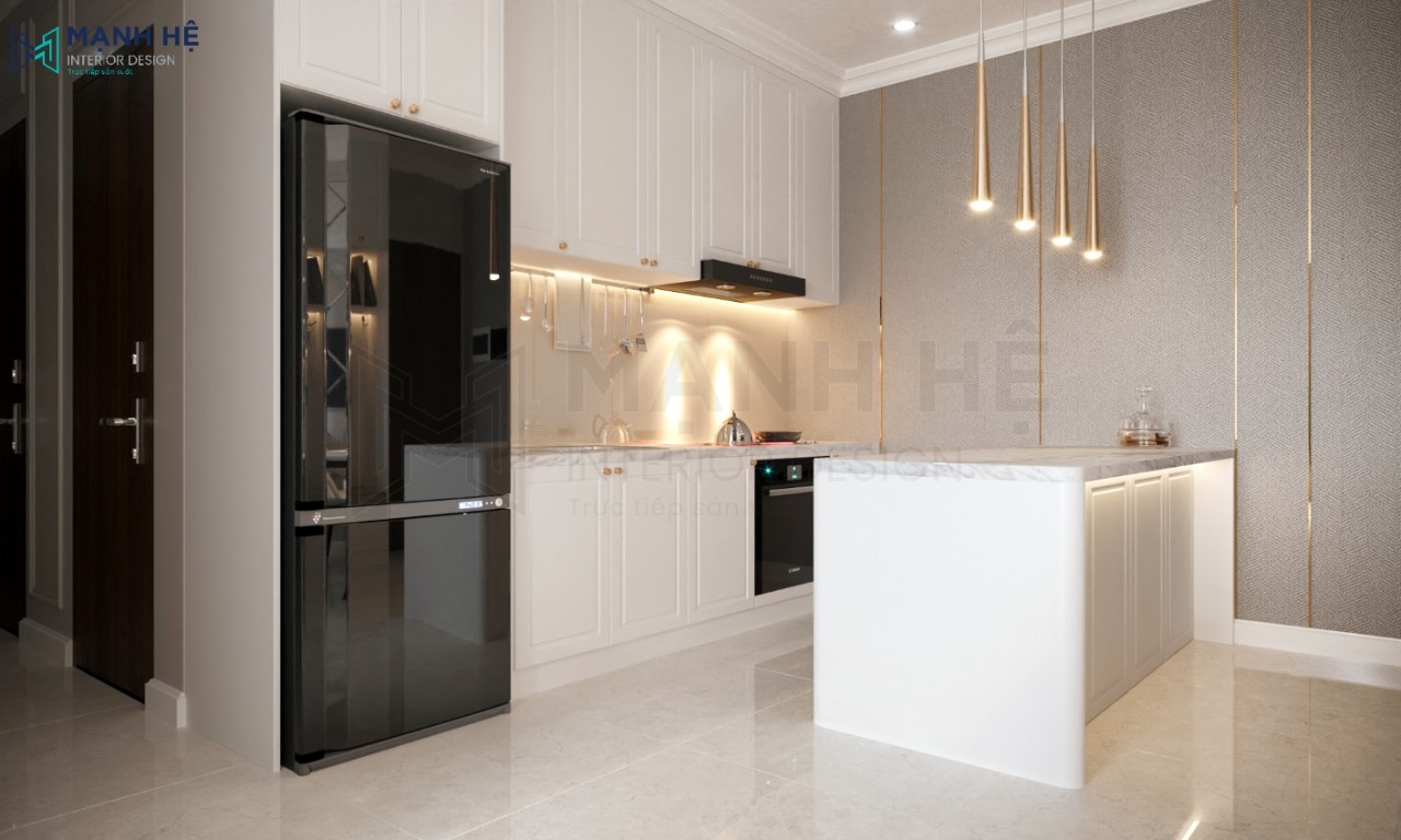 Đối với những không gian rộng bạn có thể tăng kích thước bàn đảo bếp để mở rộng không gian sử dụng