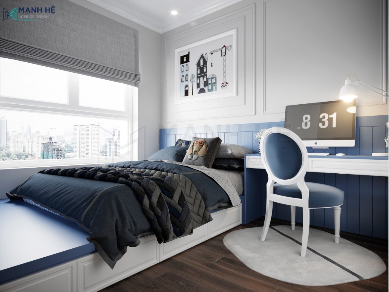 Thiết kế nội thất phòng ngủ bé trai màu xanh