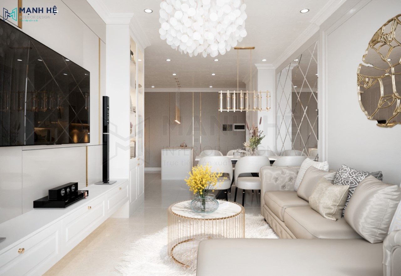 Thiết kế nội thất phòng khách liền bếp thoáng đãng