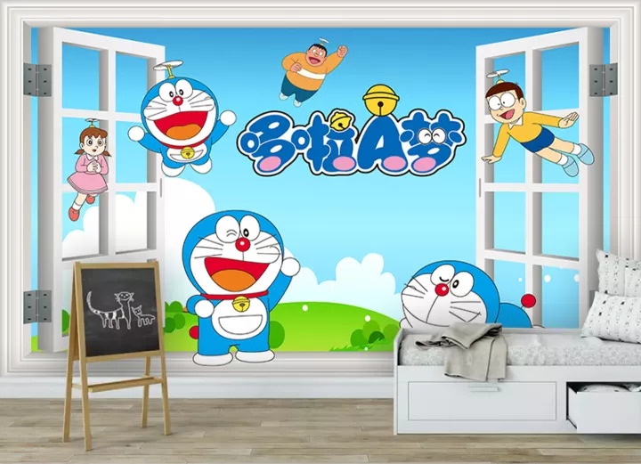 Giấy dán tường trang trí phòng ngủ hình doremon 3D