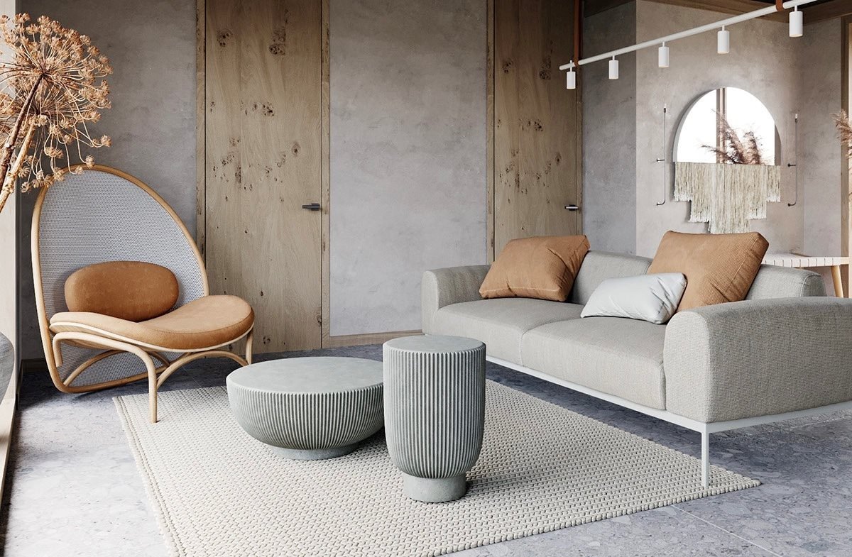 Thiết kế phòn khách đơn giản theo phong cách Wabi Sabi