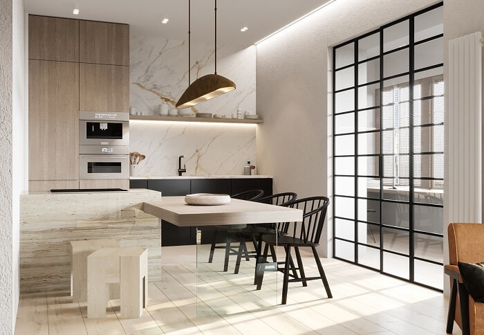 Thiết kế phòng bếp theo phong cách wabi sabi kết hợp hiện đại