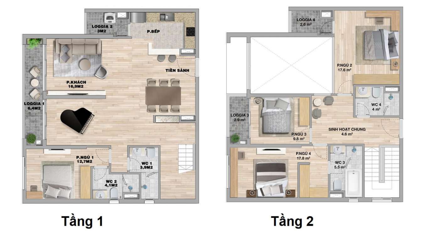 Mặt bằng căn hộ duplex 2 tầng của chung cư với nội thất tiện nghi