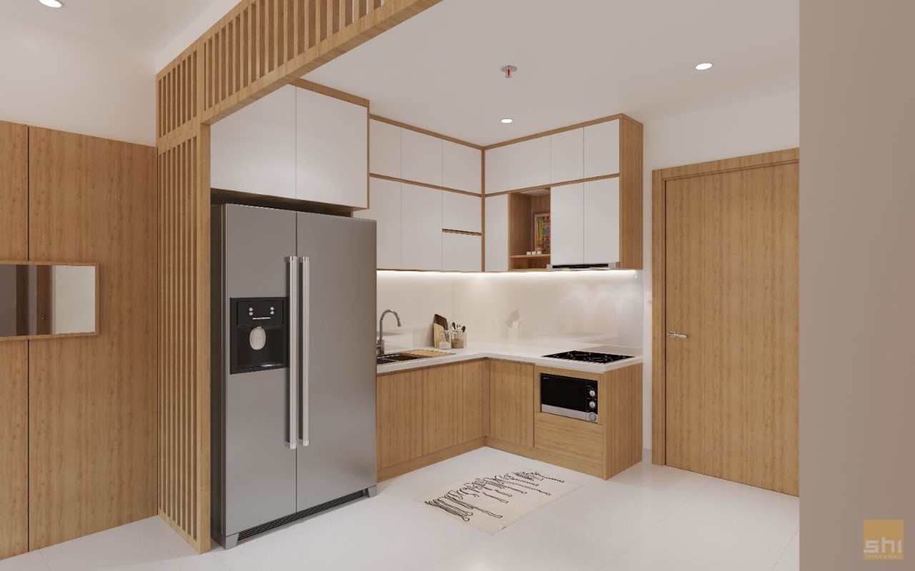 Thiết kế tủ bếp gỗ công nghiệp có bàn thờ ông táo