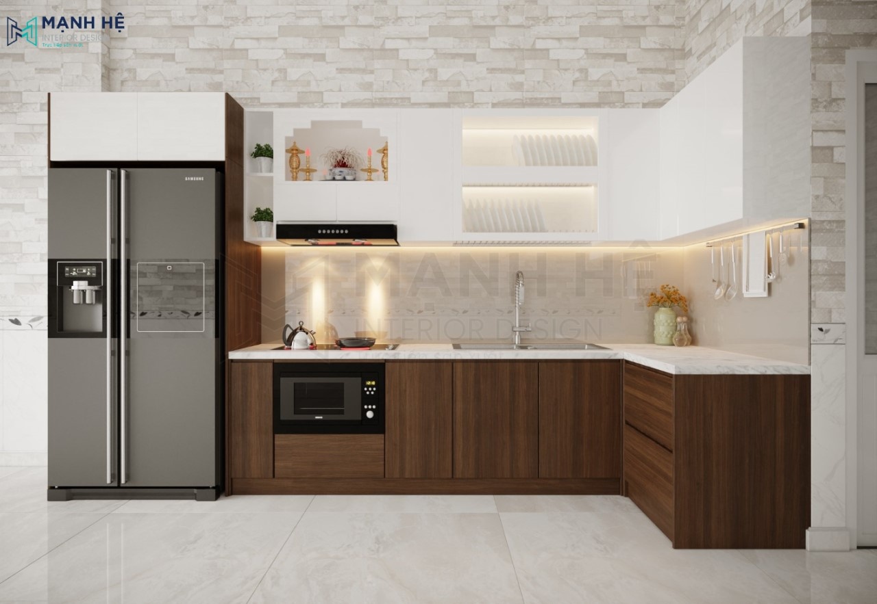 Mẫu tủ bếp gỗ có bàn thờ ông táo