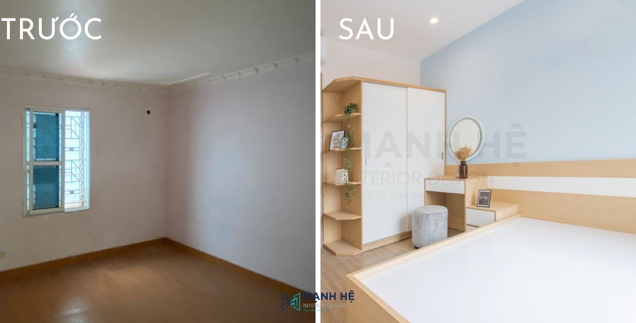 Hình ảnh thực tế so sánh trước và sau khi thi công cải tạo nội thất phòng ngủ