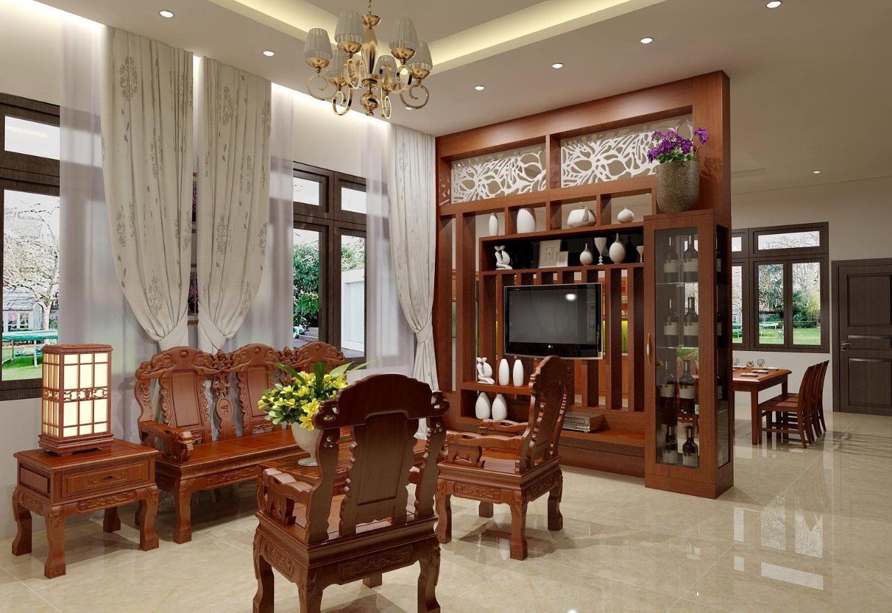 Tủ rượu ngăn phòng khách và bếp bằng gỗ tự nhiên