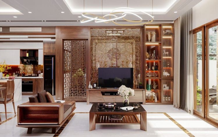 Mẫu tủ rượu ngăn phòng khách và bếp bằng gỗ hương