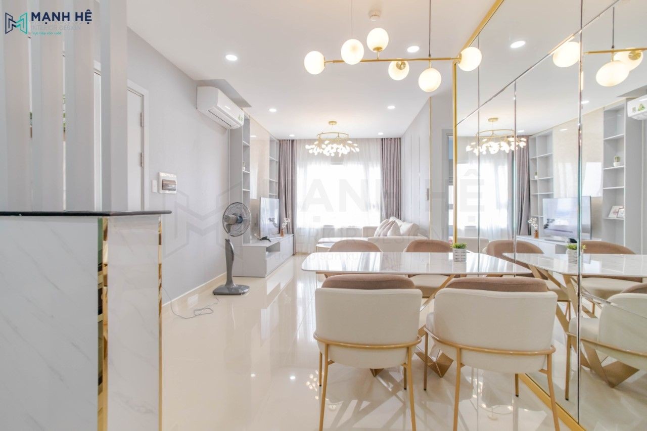 Thi công nội thất phòng khách liền bếp thoáng đãng