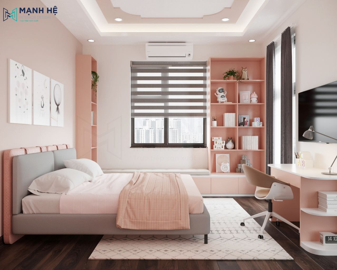 Bục ghế ngồi chữ I đặt cạnh cửa sổ tích hợp thêm tủ trang trí 