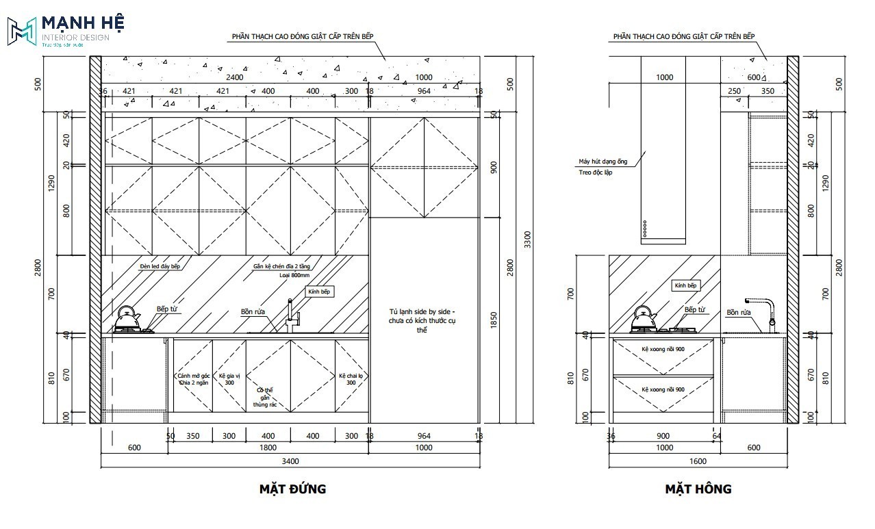 Bản vẽ tủ bếp chữ I với 2 bề mặt đứng và hông