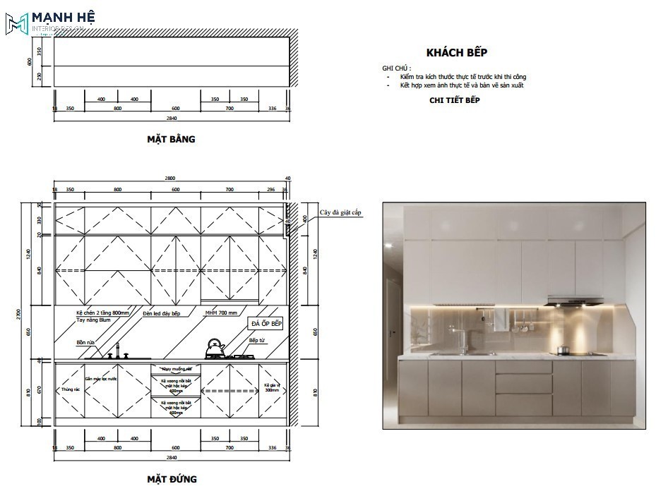 Bản vẽ nội thất tủ bếp chữ I chi tiết dành cho phòng bếp nhỏ