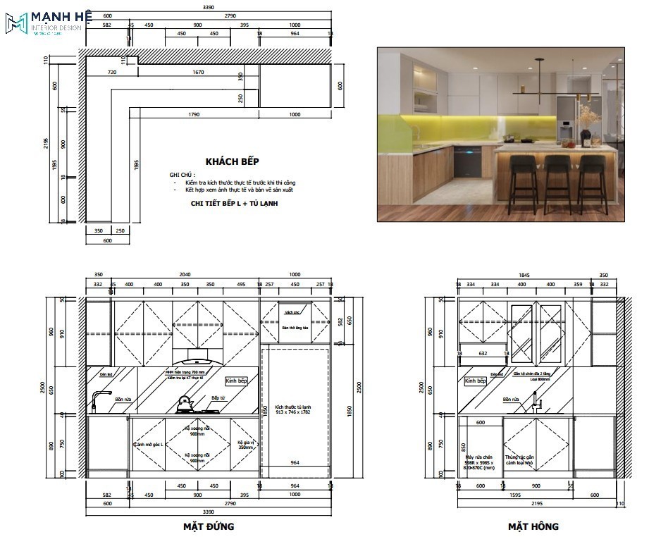 Tủ bếp chữ L được thiết kế bo góc tường theo kiến trúc của gian bếp