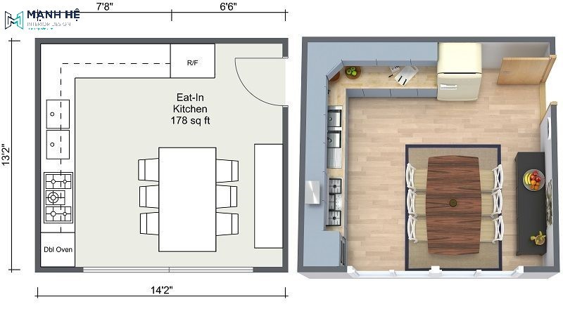 Bản vẽ bố trí mặt bằng của tủ bếp chữ L có bàn ăn