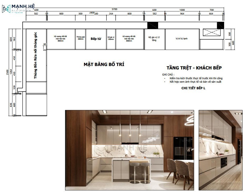 Bản vẽ mặt bằng bố trí tủ bếp chữ L khoa học
