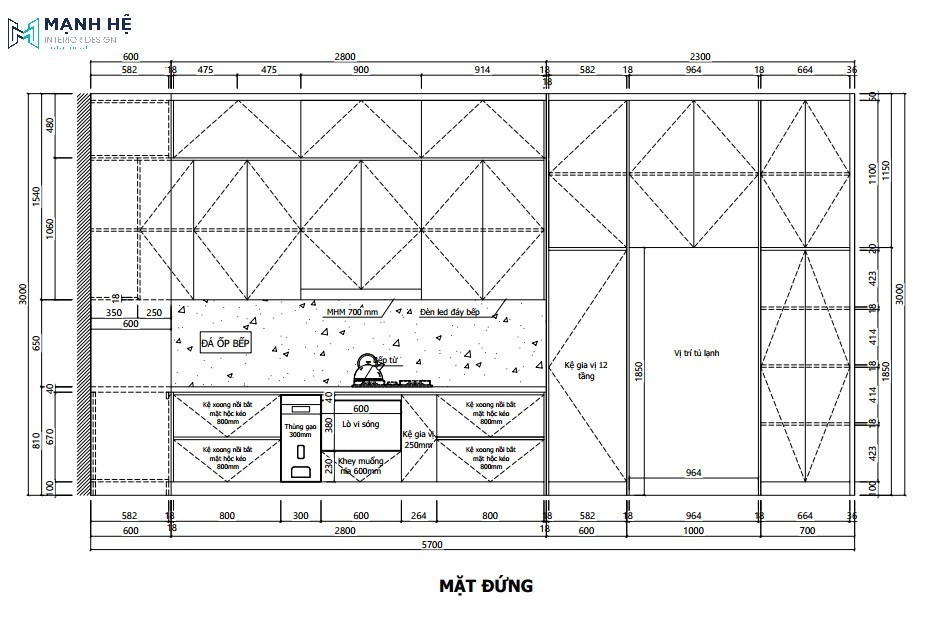 Bản vẽ mặt đứng của tủ bếp chữ L có ngăn chứa tủ lạnh