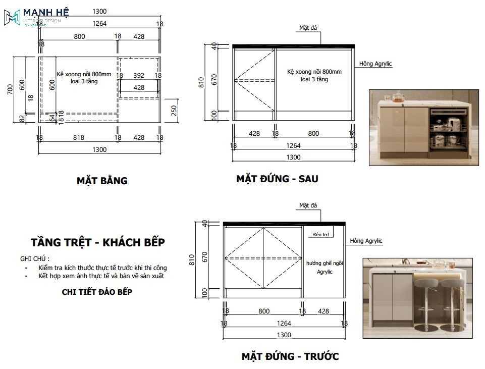 Bản vẽ bàn đảo bếp của không gian phòng bếp chữ L