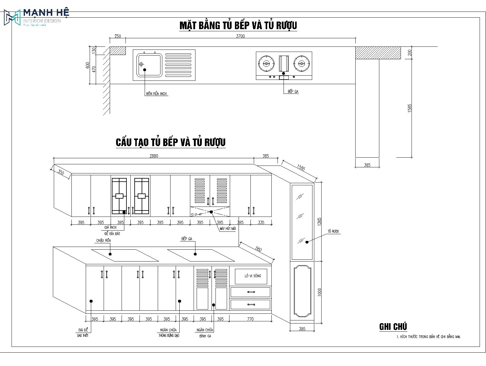 Bản vẽ chi tiết tủ bếp có quầy bar sang trọng