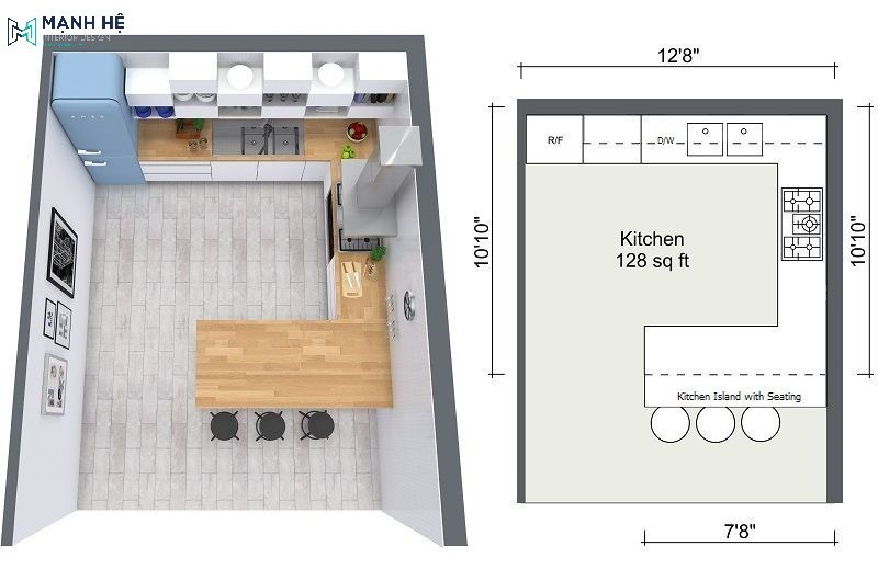 Bản vẽ kỹ thuật tủ bếp chữ U dành cho phòng bếp lớn