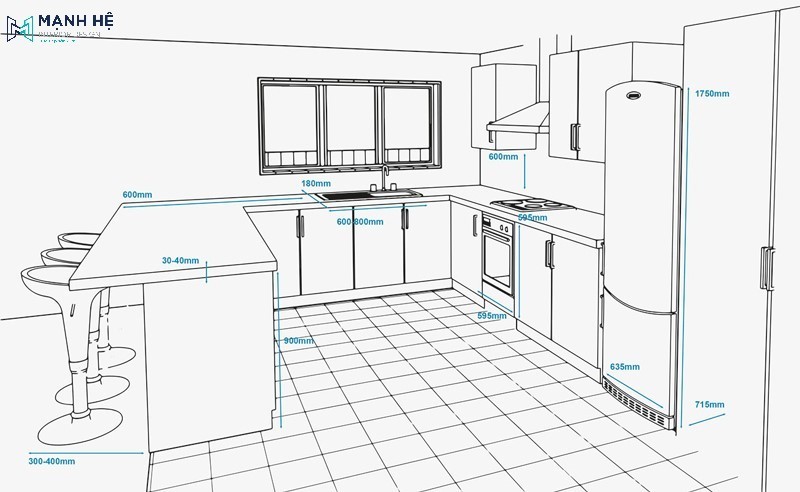 Bản vẽ 3D không màu của tủ bếp chữ U đẹp hiện đại
