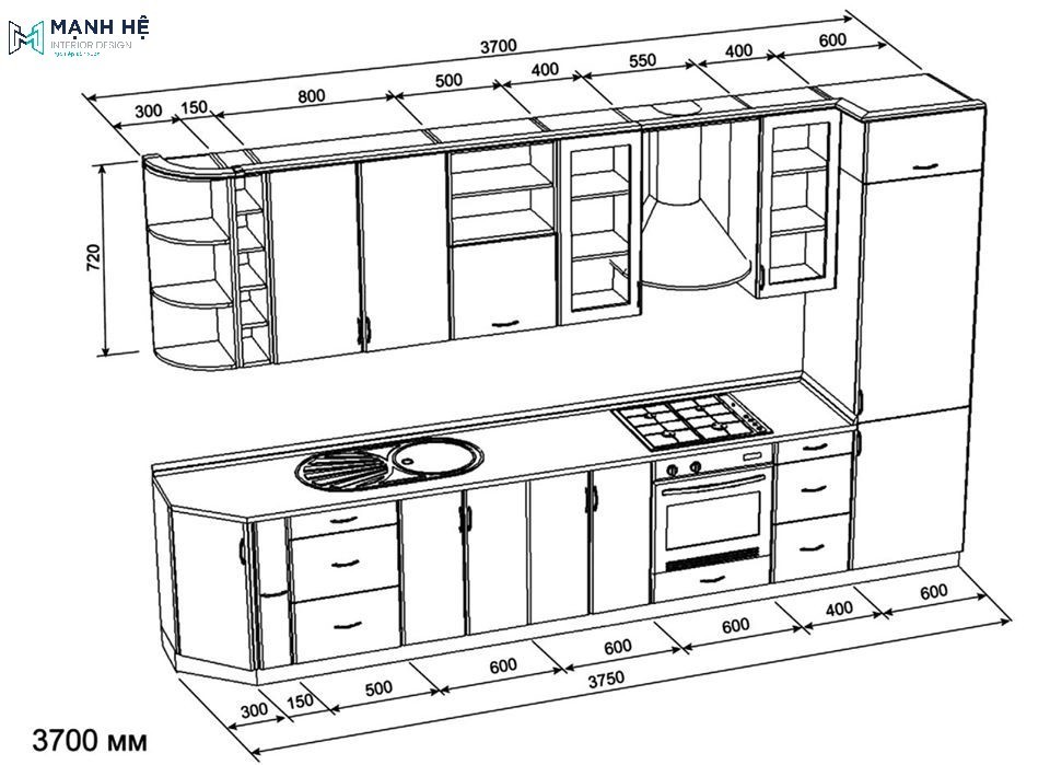 Bản vẽ tủ bếp chữ I với kích thước tiêu chuẩn