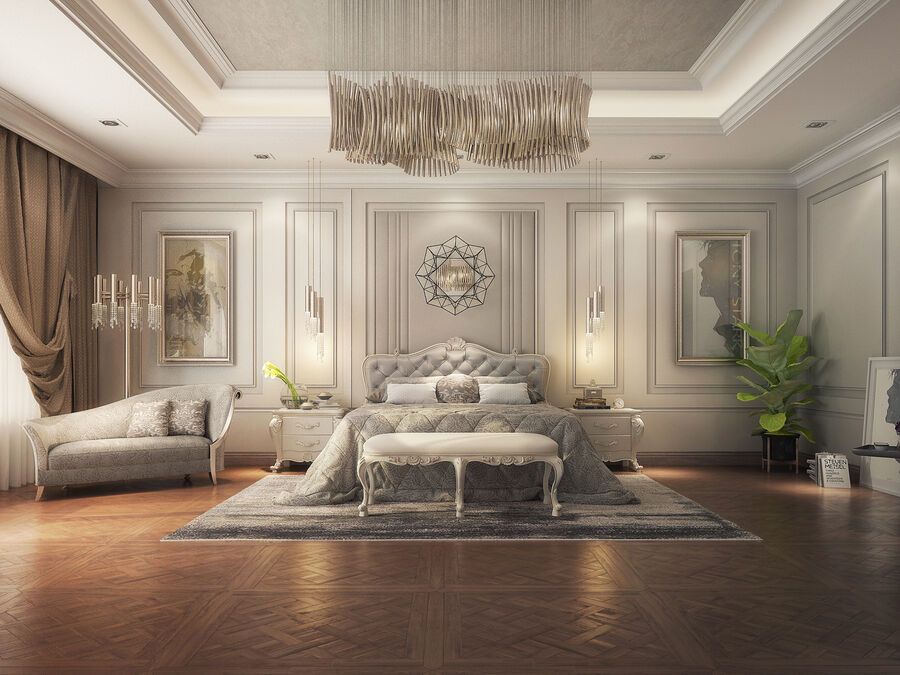 Phòng ngủ phong cách cổ điển luôn nổi bật bởi hệ thống phào chỉ mạ vàng hào nhoáng, đẳng cấp