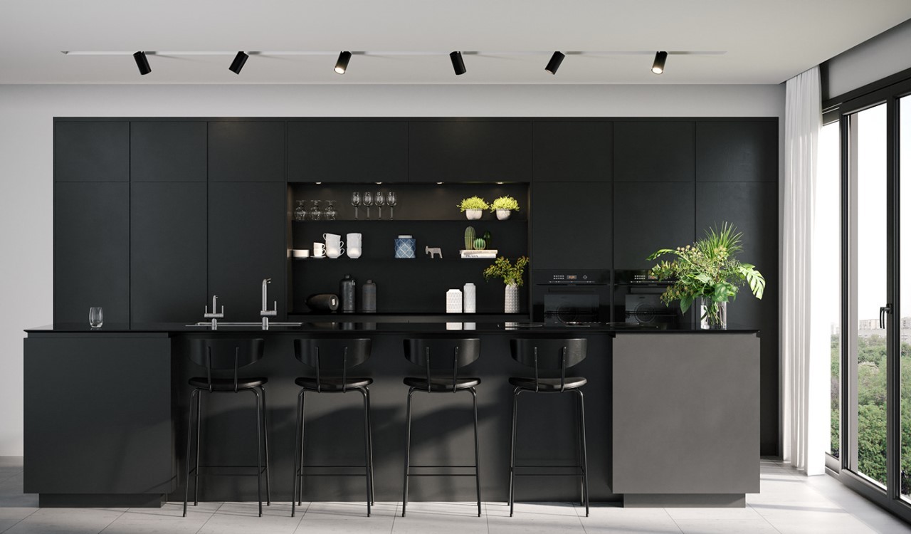 Mẫu tủ bếp màu đen nhám Melamine hiện đại và trẻ trung